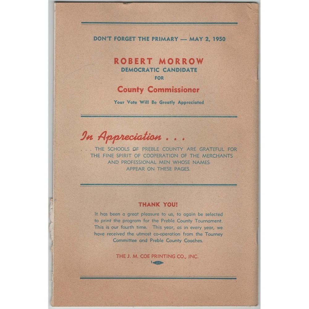 1950 Preble County Basketball Tournament Official Program Earlham Fieldhouse - Picture 2 of 2